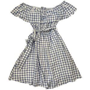 Anthropologie Dress Boho XL Off Shoulder Blue White Gingham Tie‎ Waist Cottage